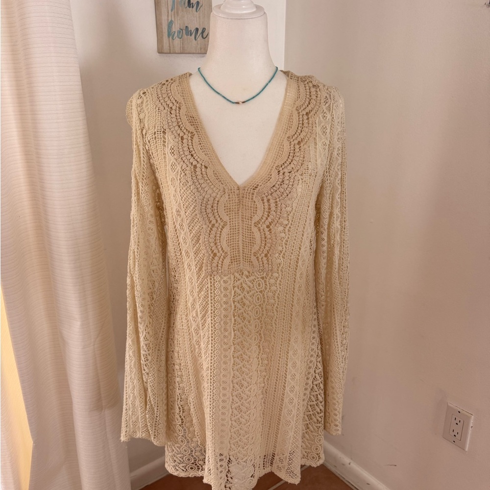 Guess Beige Lace V-Neck Mini Dress